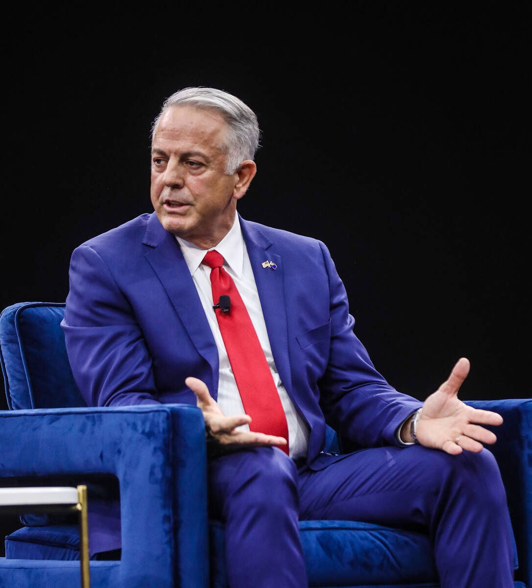 Clark County Sheriff and Republican candidate for governor Joe Lombardo answers a question in a ...