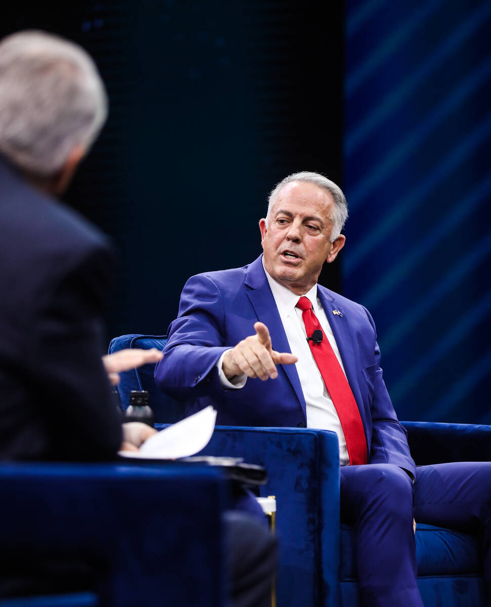 Clark County Sheriff and Republican candidate for governor Joe Lombardo answers a question in a ...