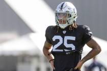 Raiders safety Tre'von Moehrig (25) looks on during the team’s training camp practice at ...