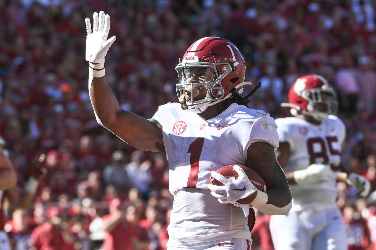 Alabama running back Jahmyr Gibbs (1) against Arkansas during an NCAA college football game Sat ...