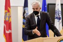 Secretary of Veterans Affairs Denis McDonough talks to members of the news media in the VA Sout ...