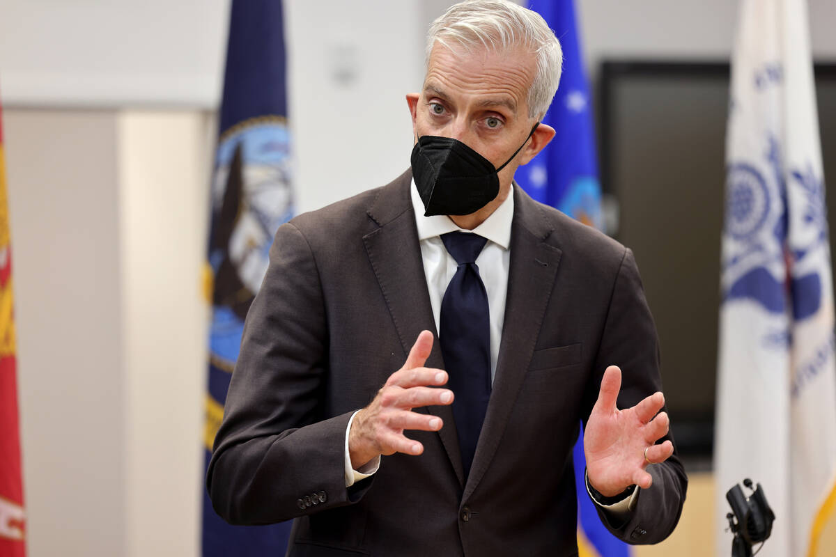Secretary of Veterans Affairs Denis McDonough talks to members of the news media in the VA Sout ...
