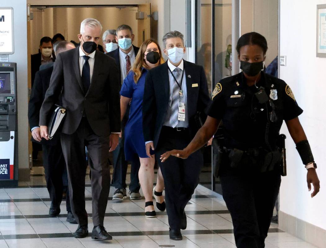 Secretary of Veterans Affairs Denis McDonough, left, arrives with VA Southern Nevada Healthcare ...