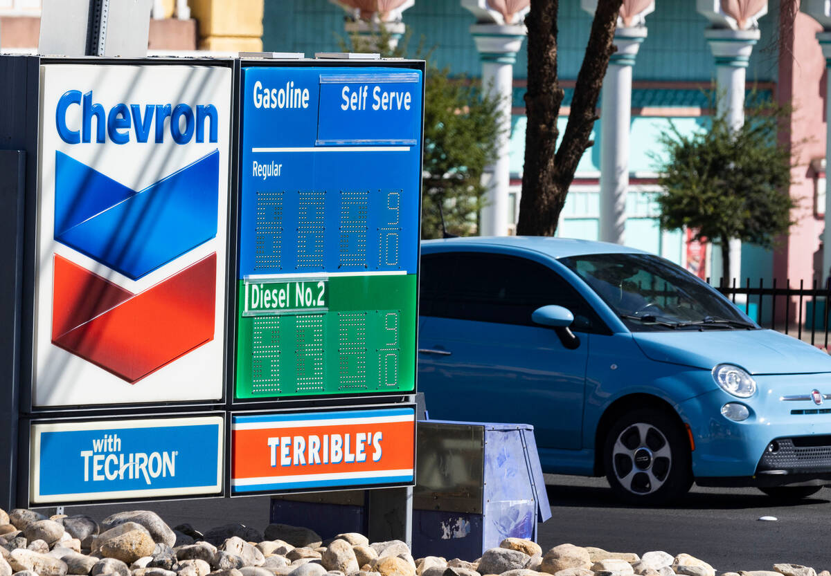 Gas prices are displayed at Chevron, on Tuesday, Oct. 4, 2022, in Las Vegas. (Bizuayehu Tesfaye ...