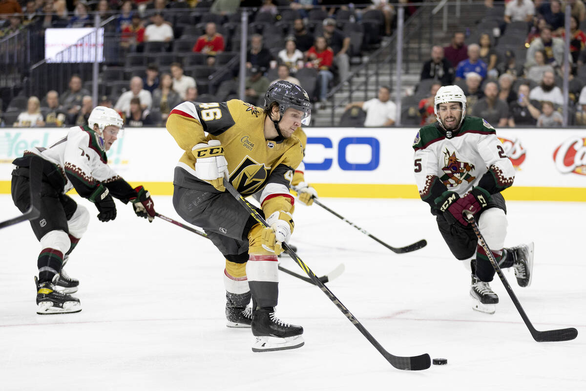 Golden Knights right wing Jonas Rondbjerg (46) skates up the ice before taking a shot on goal w ...