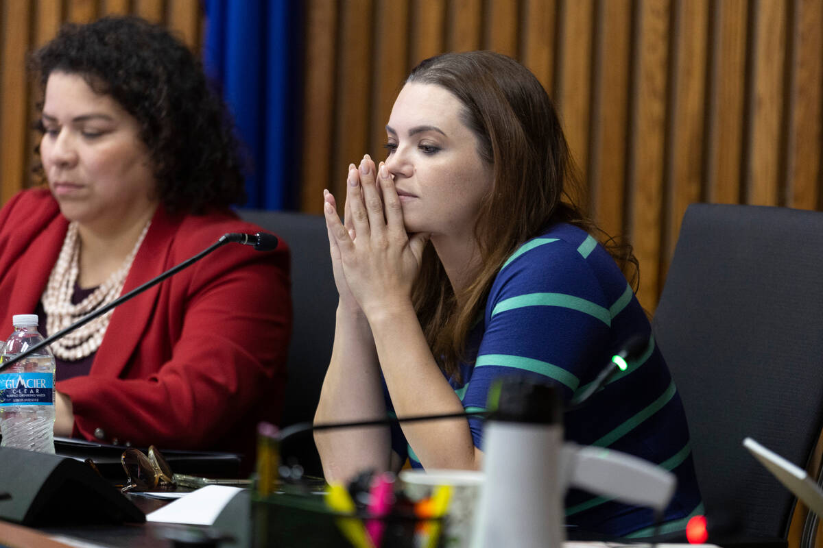 Clark County School Board of Trustees members Evelyn Garcia Morales, left, and Katie Williams, ...
