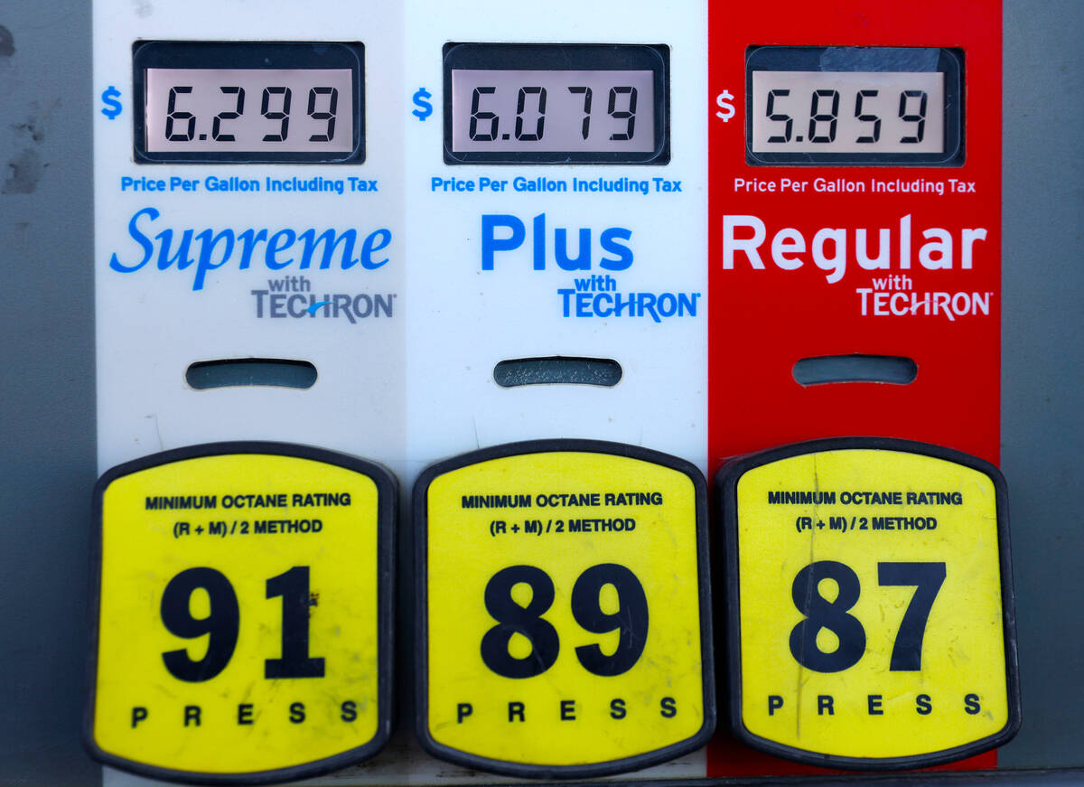 Gas prices are displayed at Chevron, on Tuesday, Oct. 4, 2022, in Las Vegas. (Bizuayehu Tesfaye ...