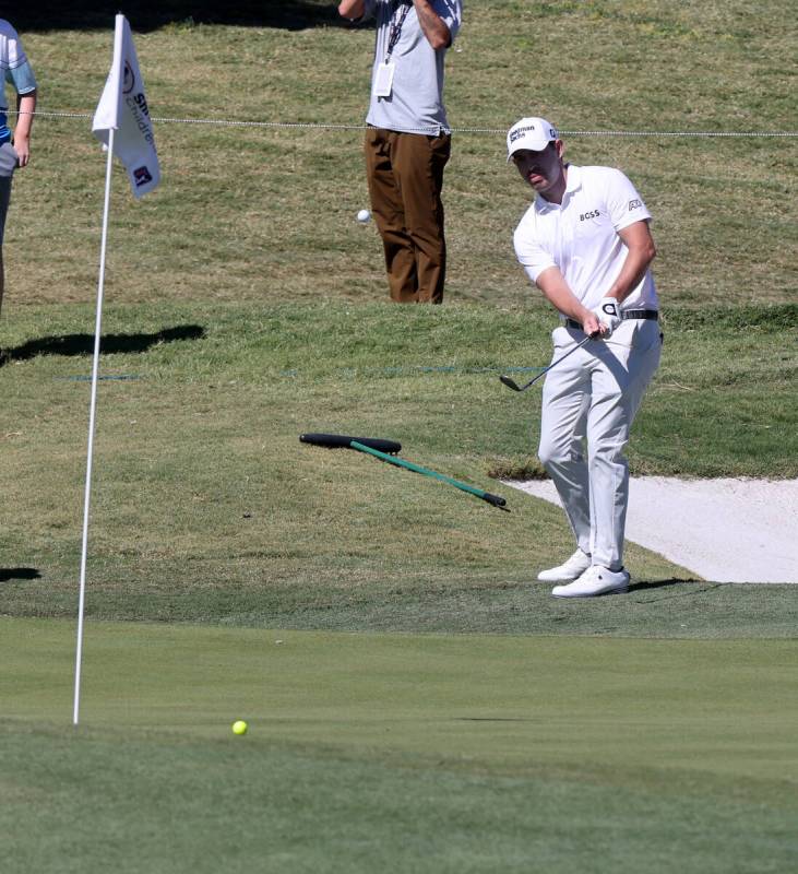 PGA Tour player Patrick Cantlay chips in on the 9th during practice rounds for the Shriners Chi ...