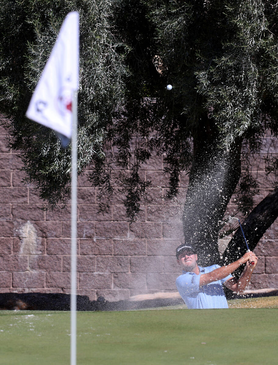 PGA Tour player Taylor Montgomery hits out of the sand on the 13th hole during practice rounds ...