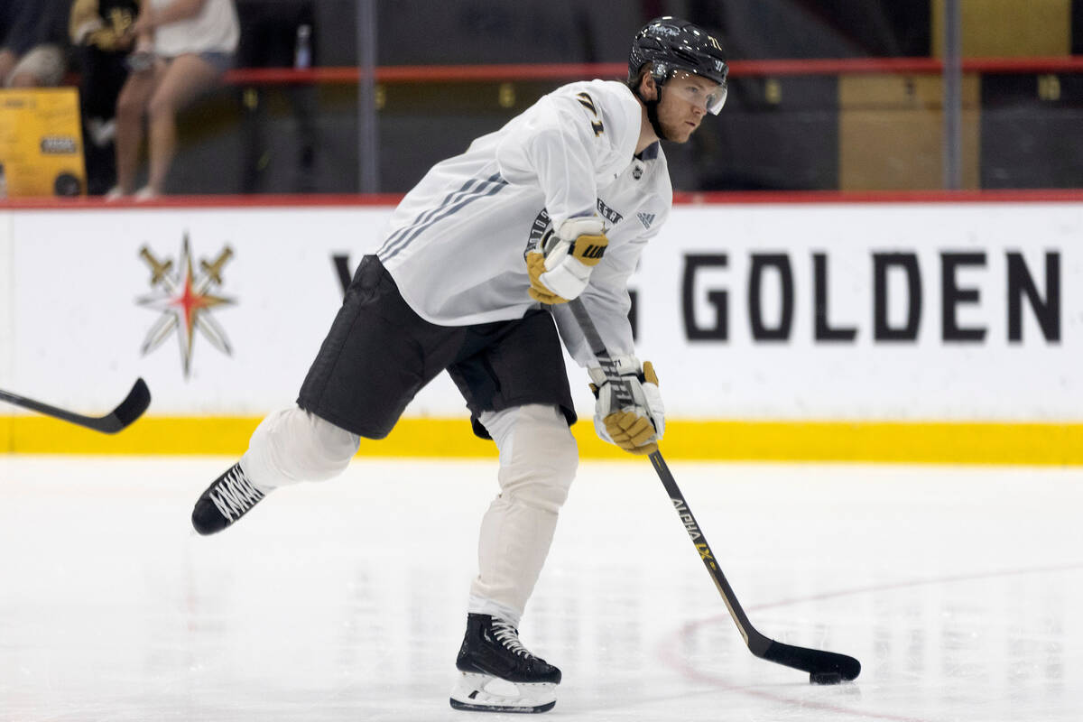 Golden Knights center William Karlsson (71) shoots during training camp at City National Arena ...