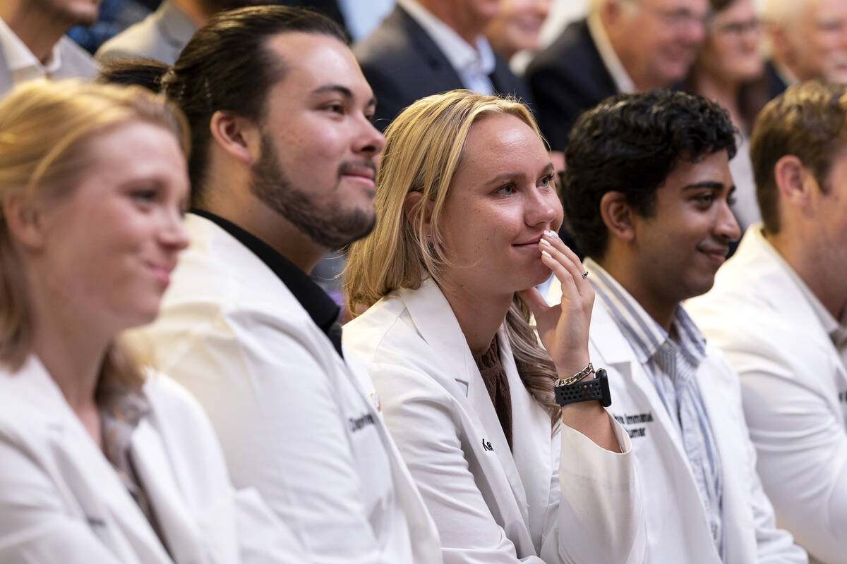UNLV medical students listen to speakers during an opening celebration for the Kirk Kerkorian S ...
