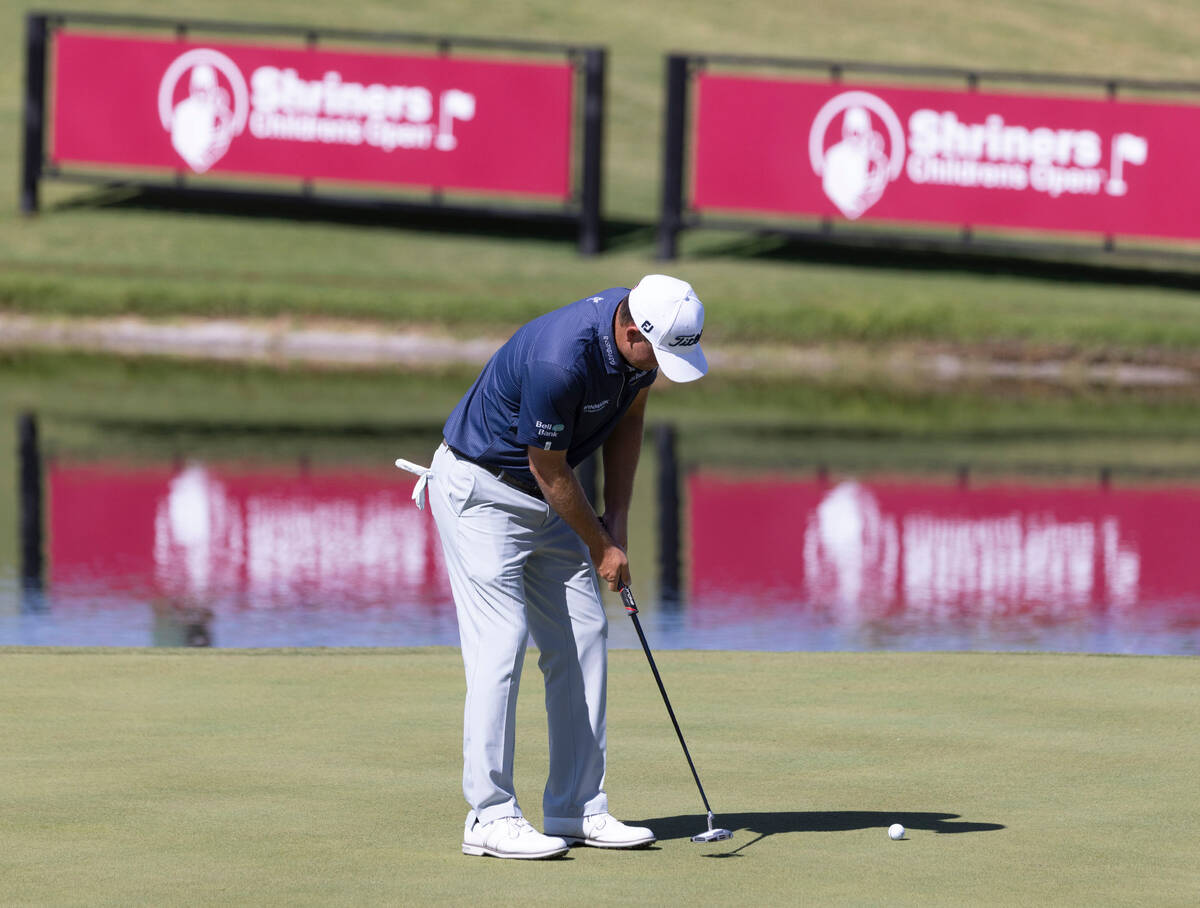 Tom Hoge watches his putt at the seventeenth green during the first round of the Shriners Child ...