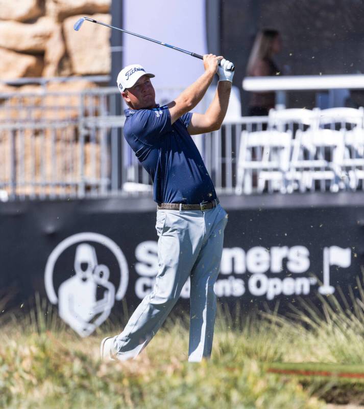 Tom Hoge watches his tee shot on the seventeenth during the first round of the Shriners Childre ...