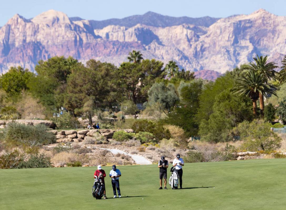 Players and caddies check their notes during the first round of the Shriners Children's Open to ...
