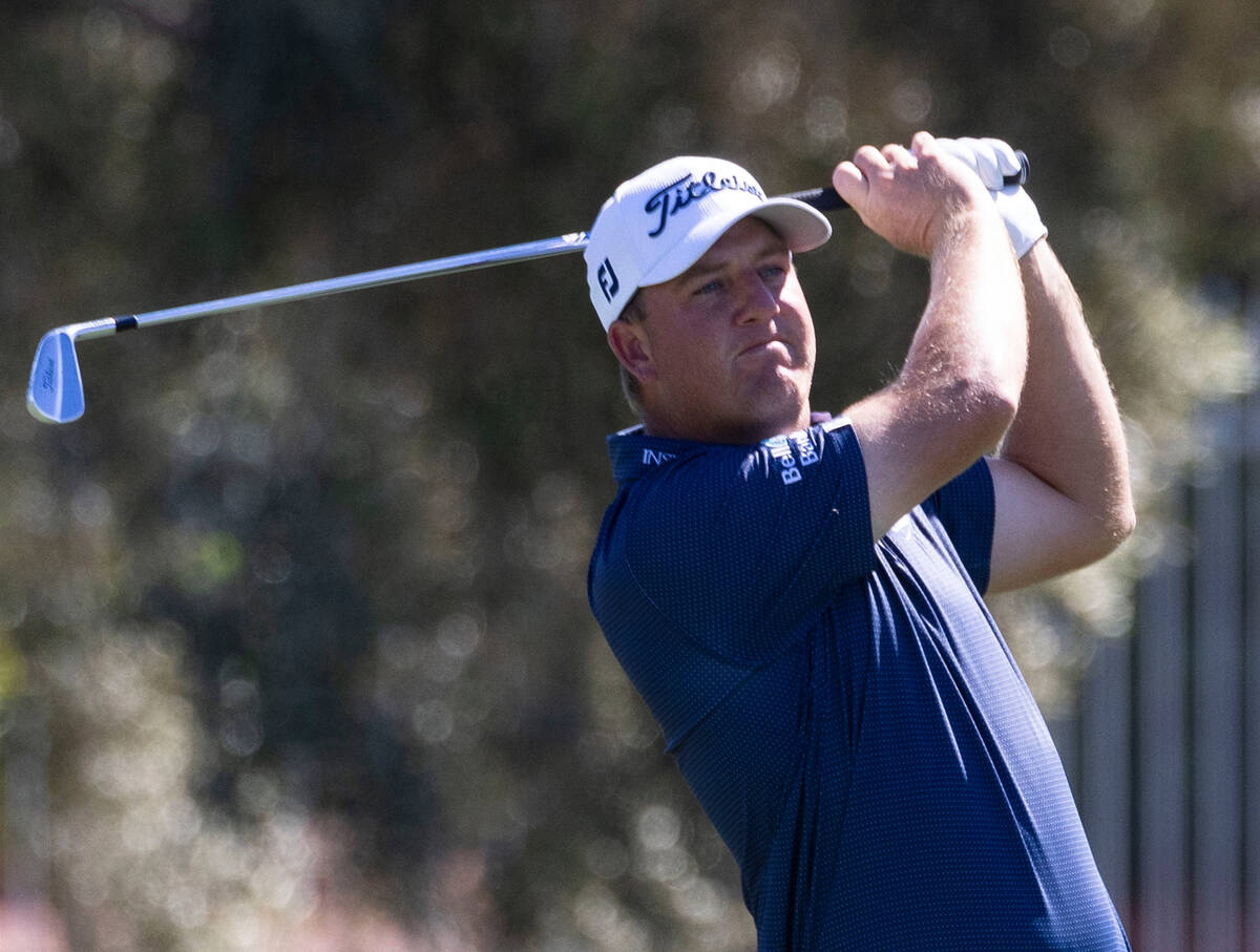 Tom Hoge watches his drive to the sixteenth green during the first round of the Shriners Childr ...