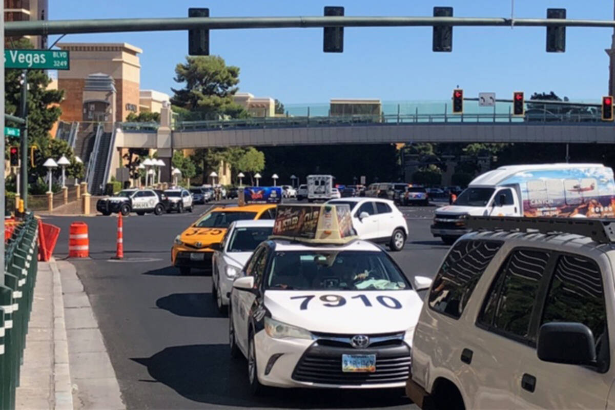Traffic is shut down at Las Vegas Boulevard South by Sands/Spring Mountain Road as police inves ...