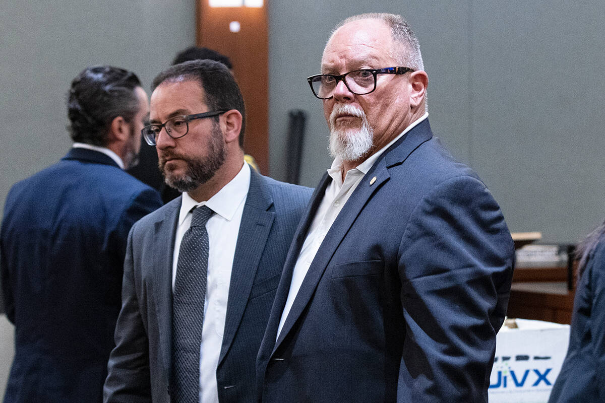 Hells Angels President Richard Devries, 66, right, seen in a Las Vegas courtroom with his attor ...