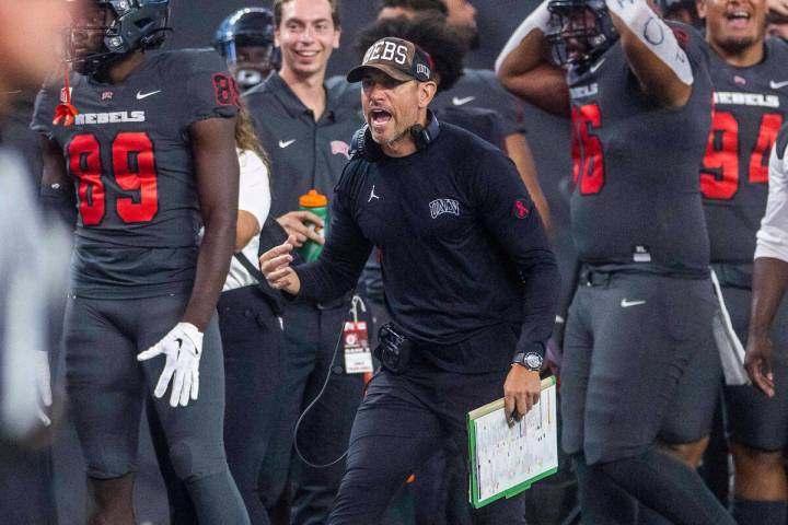 UNLV Rebels Head Coach Marcus Arroyo yells to players on the sidelines versus the New Mexico Lo ...