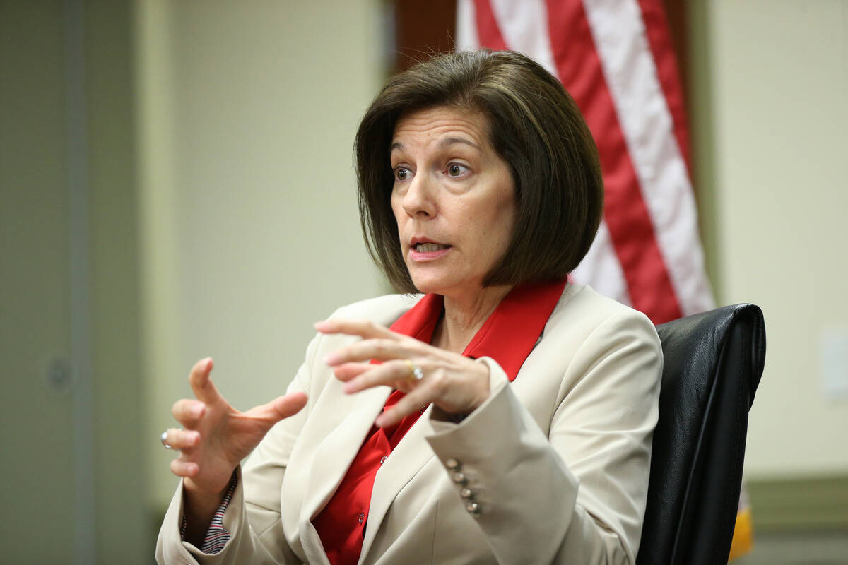 U.S. Sen. Catherine Cortez Masto speaks during a roundtable with reporters at the Lloyd George ...