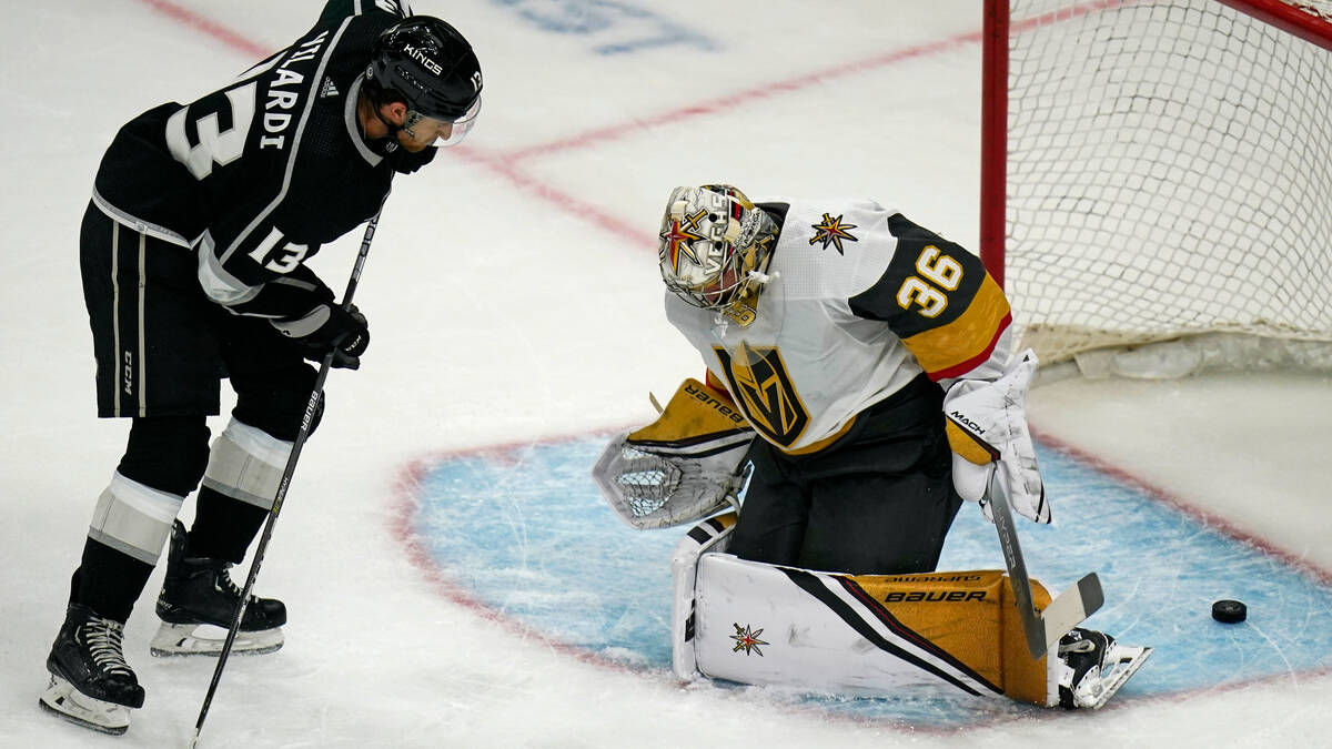Vegas Golden Knights goaltender Logan Thompson (36) makes a save against Los Angeles Kings cent ...