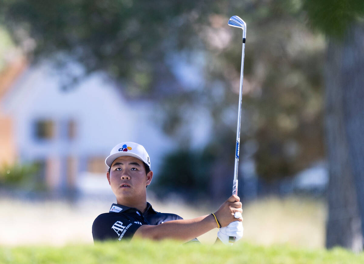 Tom Kim watches his drive to the ninth green during the second round of the Shriners Children's ...