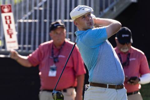 Harry Hall watches his drive from the tenth during the first round of the Shriners Children's O ...
