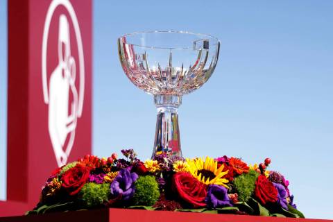 The Shriners Children's Open tournament's trophy is displayed during the first round of the to ...
