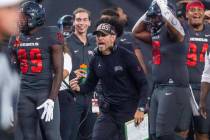 UNLV football coach Marcus Arroyo is shown at Allegiant Stadium on Friday, Sept. 30, 2022, in L ...