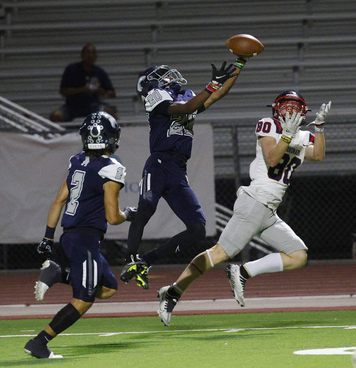 Coronado’s Luca Ciambra (80) fails to make the catch against Shadow Ridge’s Stant ...