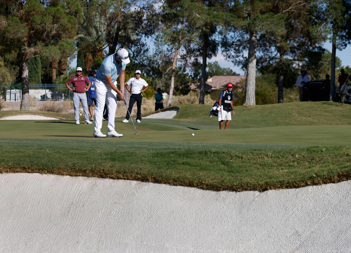 Patrick Cantlay watches his putt on the fifteenth green during the third round of the Shriners ...