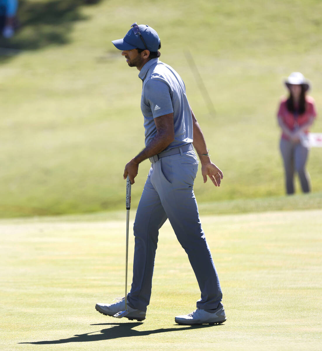 Aaron Rai reacts after missing his birdie on the eighteenth green during the third round of the ...