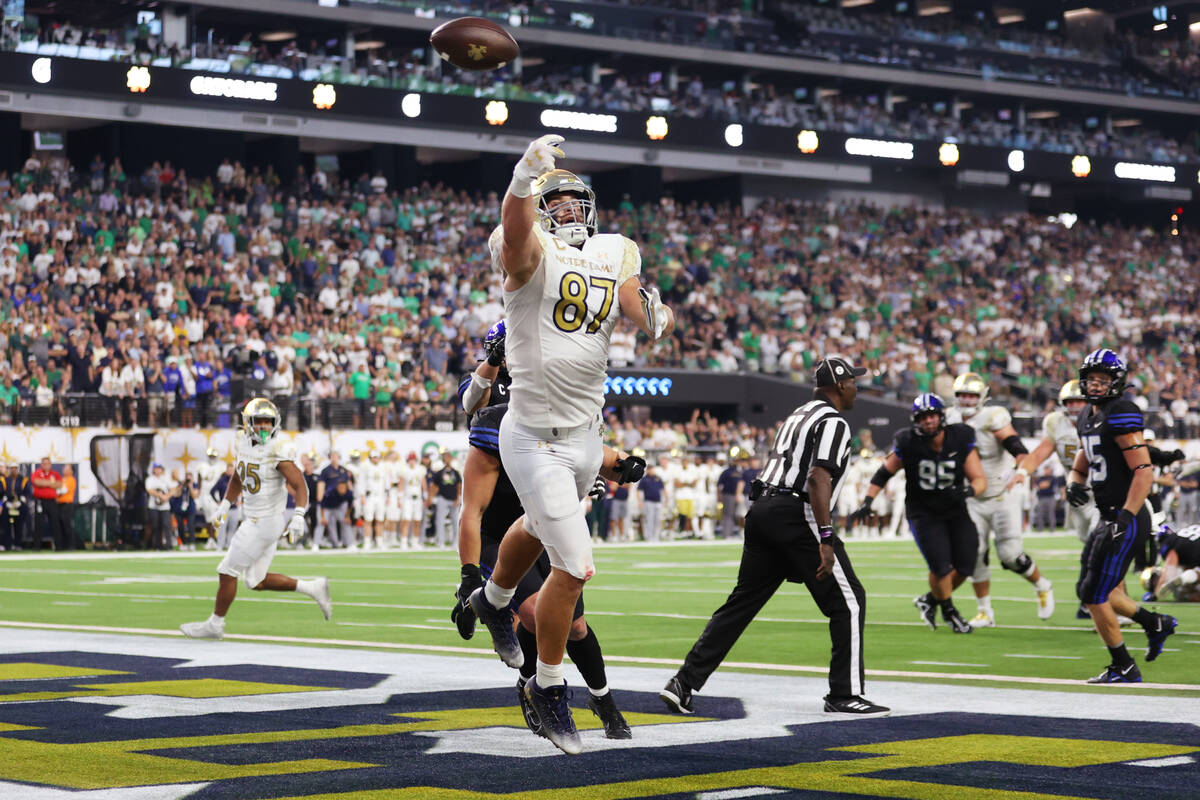 Notre Dame Fighting Irish tight end Michael Mayer (87) misses a 2-point conversation catch duri ...