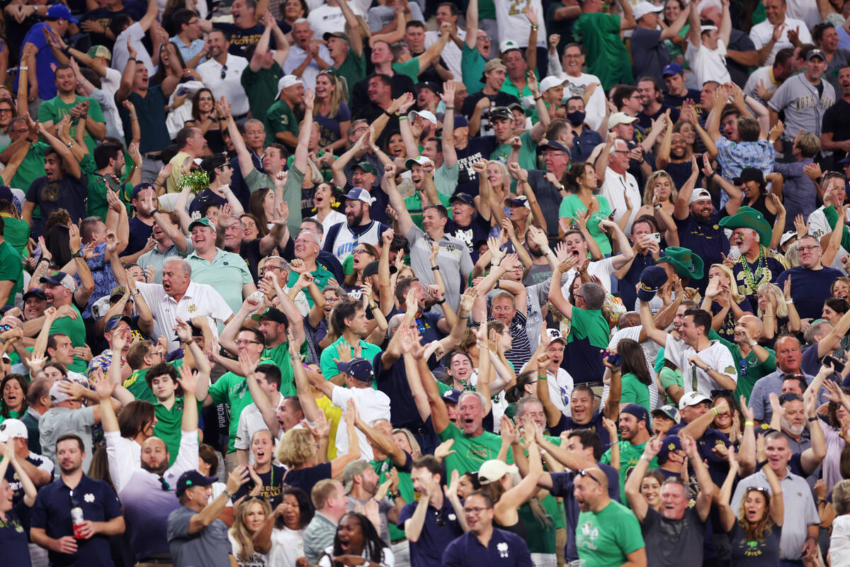 Fans react after a play during the first half of a NCAA football game between Notre Dame Fighti ...