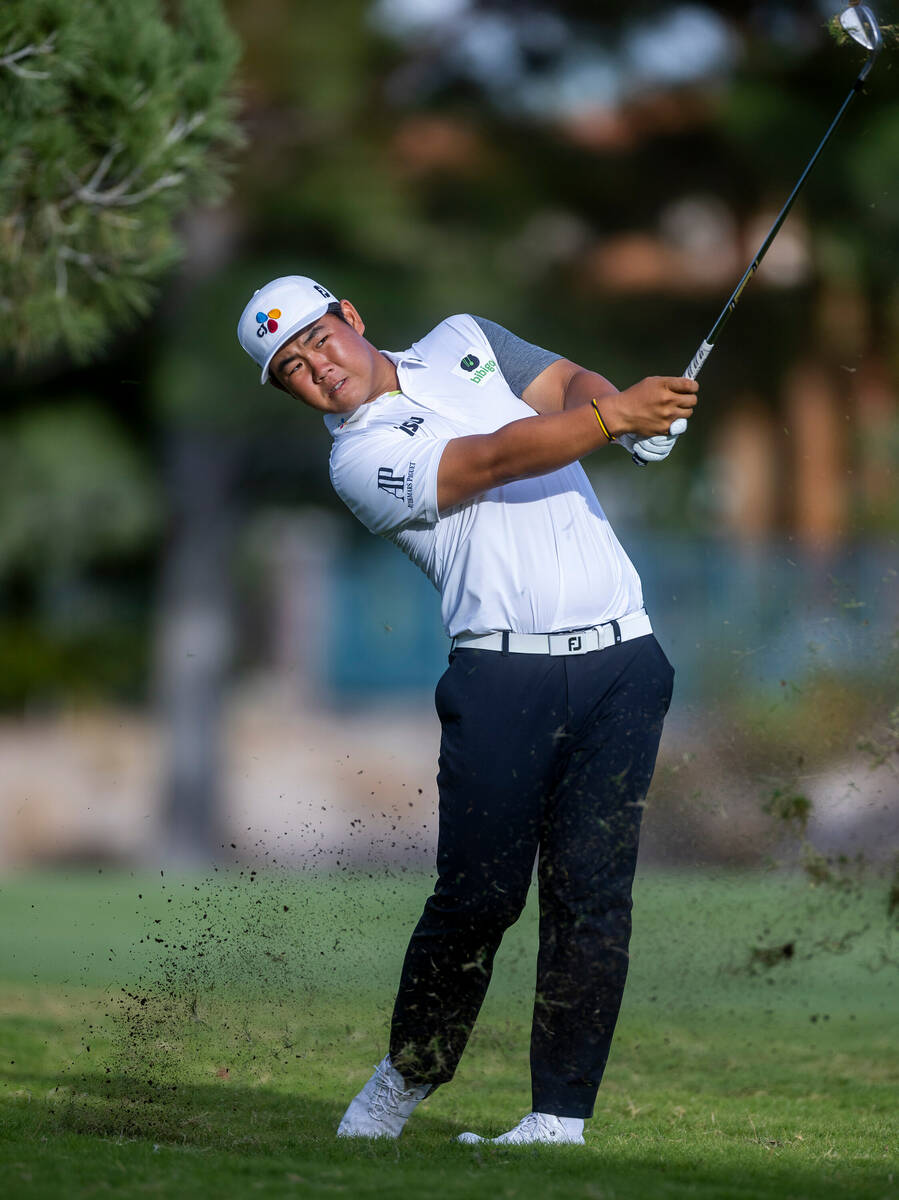 Tom Kim digs out of the rough during the final day of play in the Shriners Children's Open tour ...