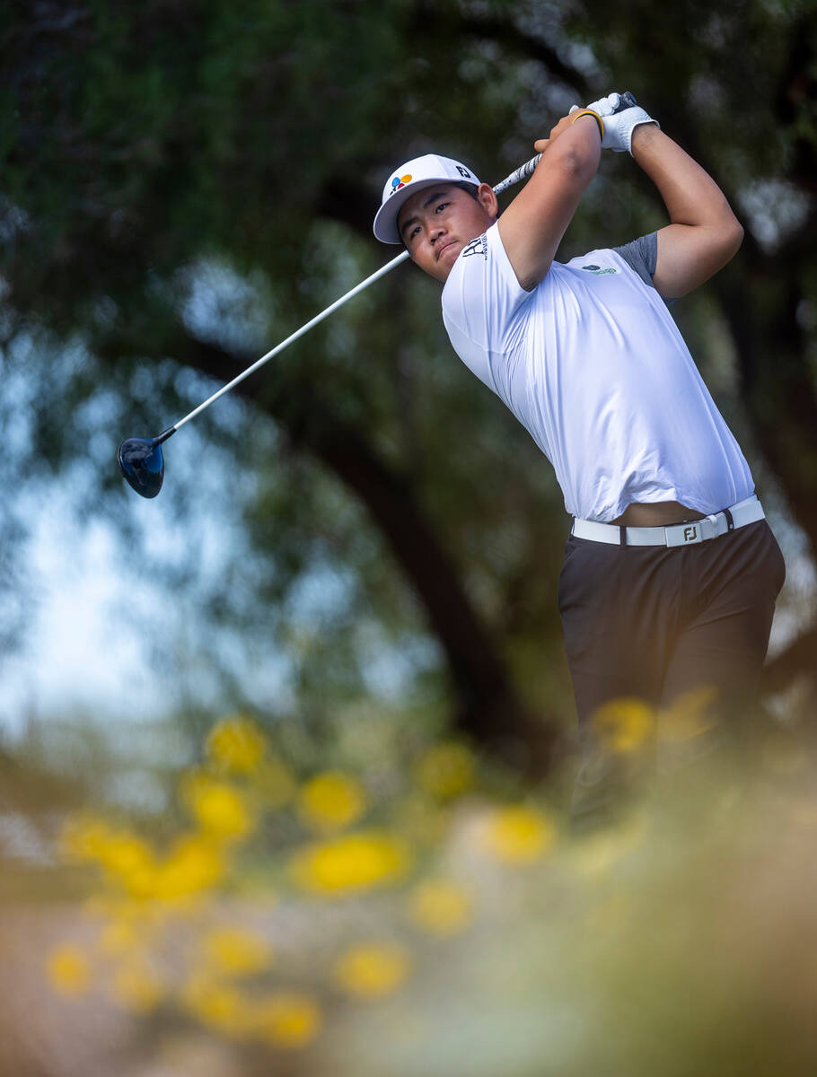 Tom Kim drives the ball off the tee during the final day of play in the Shriners Children's Ope ...