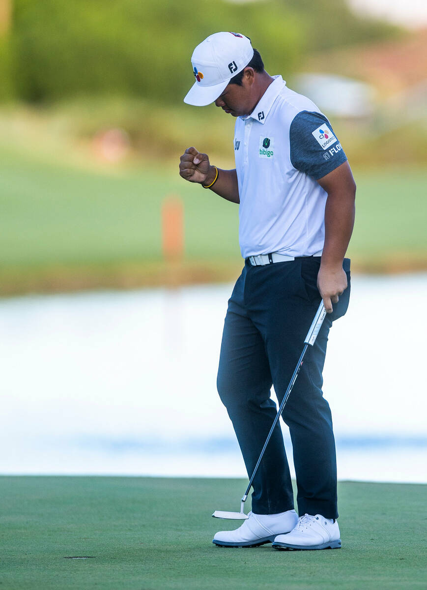 Tom Kim just pumps his fist for win on the 18th green during the final day of play in the Shrin ...