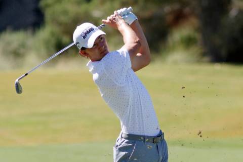 Maverick McNealy watches his shot at the 10th hole during the second round of the Shriners Chil ...