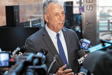 Clark County District Attorney Steve Wolfson, addresses the media after former Raiders wide rec ...