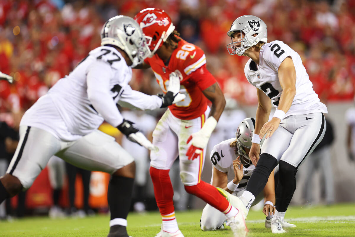 Raiders place kicker Daniel Carlson (2) kicks a field goal for a score during the first half of ...