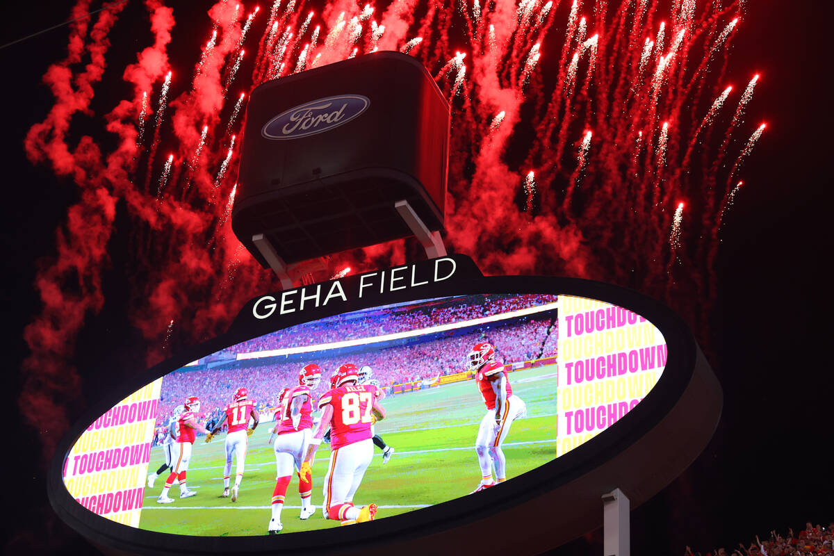 Fireworks go off after a touchdown by the Kansas City Chiefs against the Raiders during the fir ...