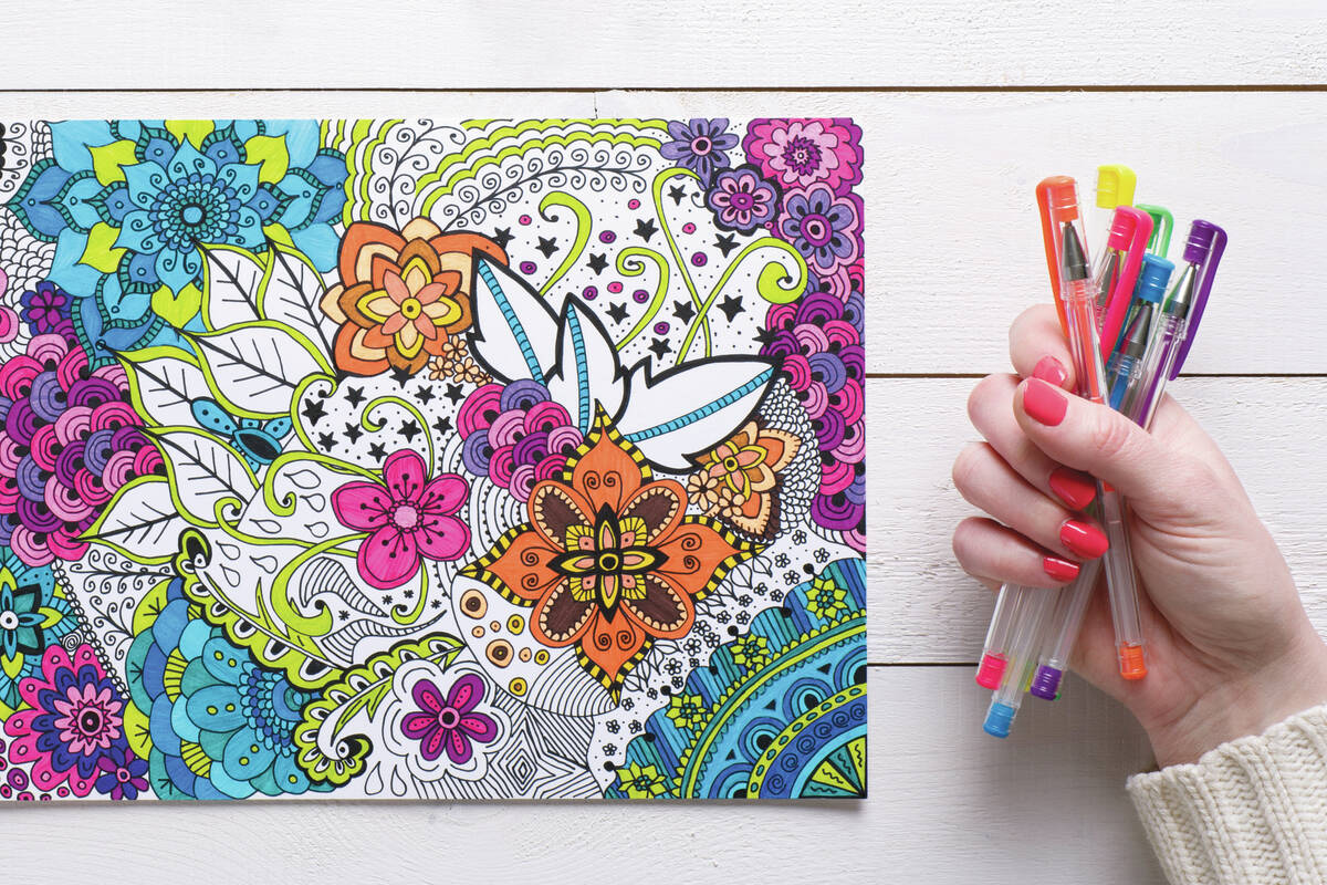 Adult coloring book, stress relieving trend. Art therapy, mental health, creativity and mindful ...