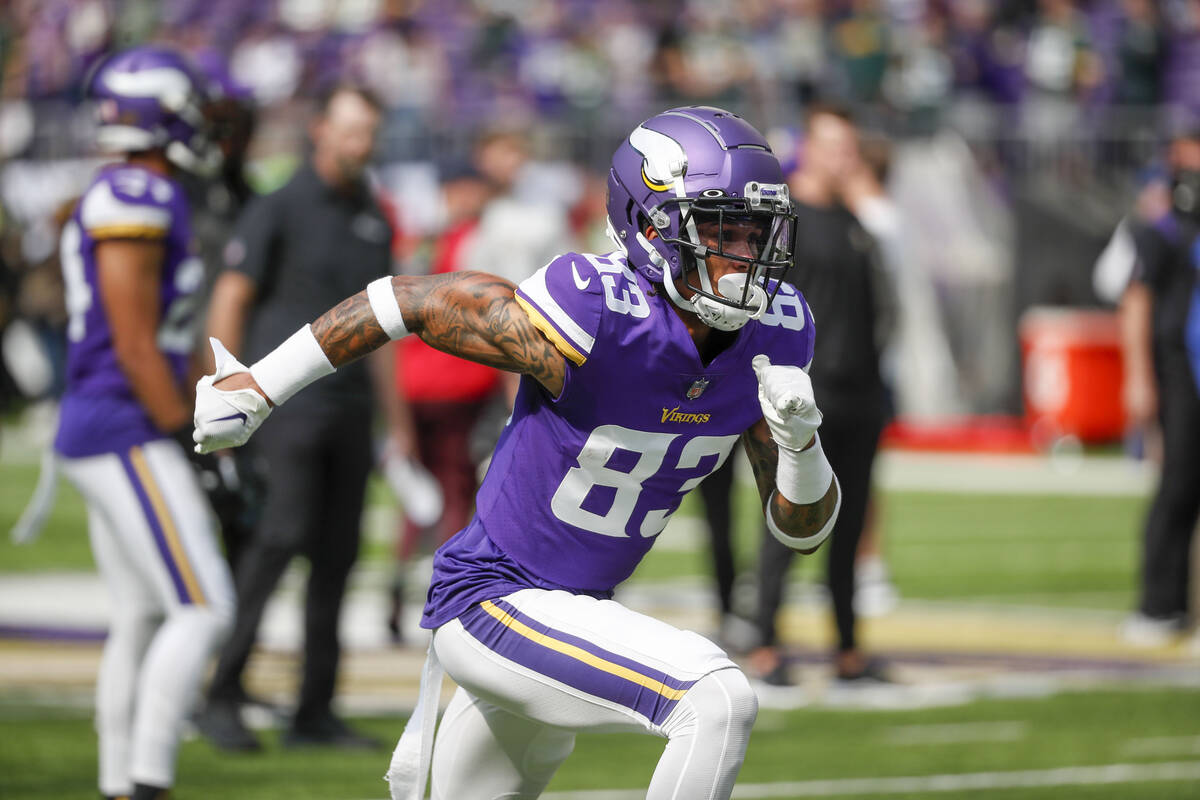 Minnesota Vikings wide receiver Jalen Nailor warms up before an NFL football game against the G ...