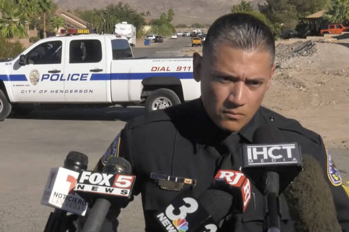 Henderson Police Department Sgt. Julio Delgado speaks about a police shooting, Tuesday, Oct. 11 ...