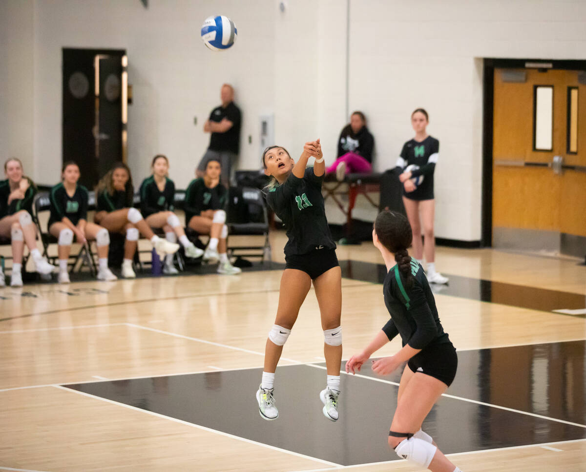 Palo Verde’s Jaedyn Simba-Malasarte (13) bumps the ball during a volleyball game at Palo ...