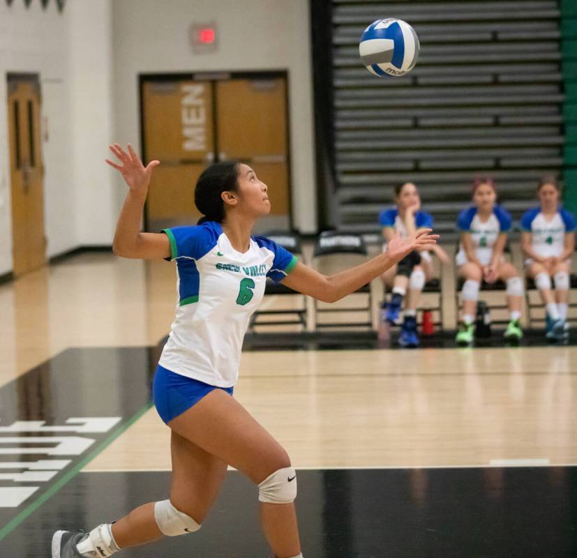 Green Valley’s Ensilina Savelio (6) serves the ball during a volleyball game at Palo Ver ...