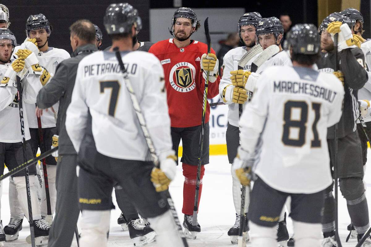 Golden Knights forward Mark Stone (61) wears a red no-contact jersey during training camp at Ci ...