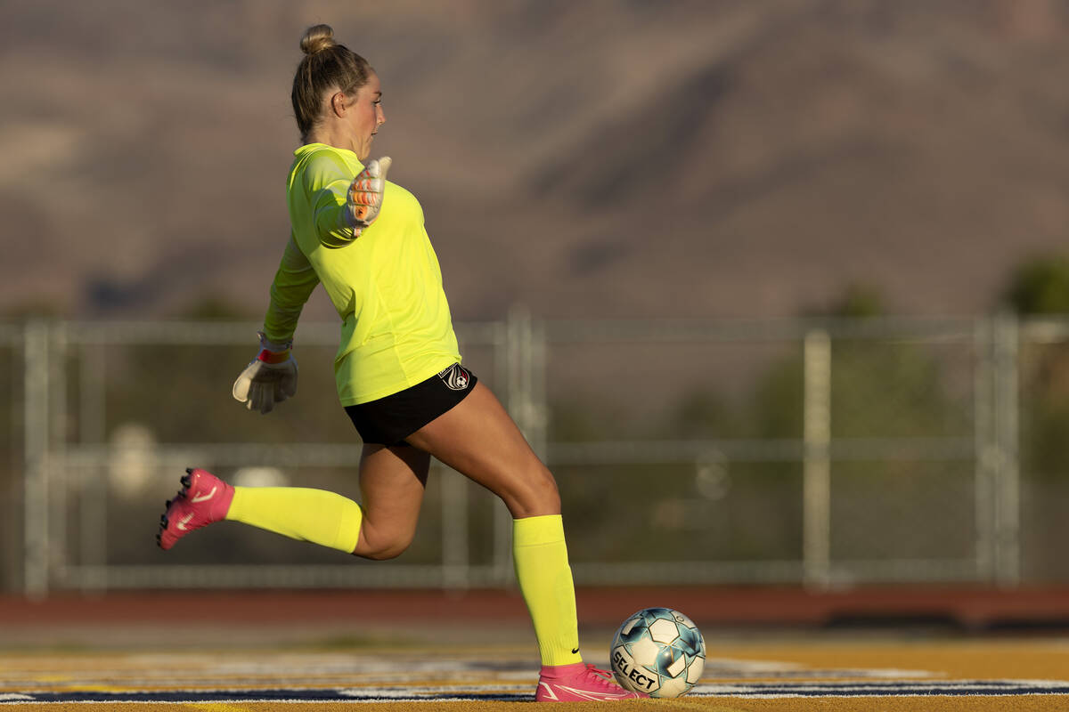 Foothill’s Janey Gibson kicks the ball into play during a girls high school soccer game ...