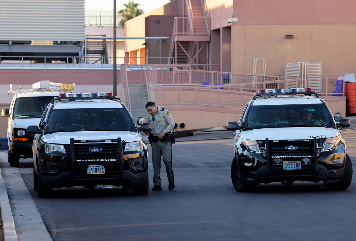 Las Vegas police officers outside Sunrise Hospital and Medical Center in Las Vegas on Thursday, ...