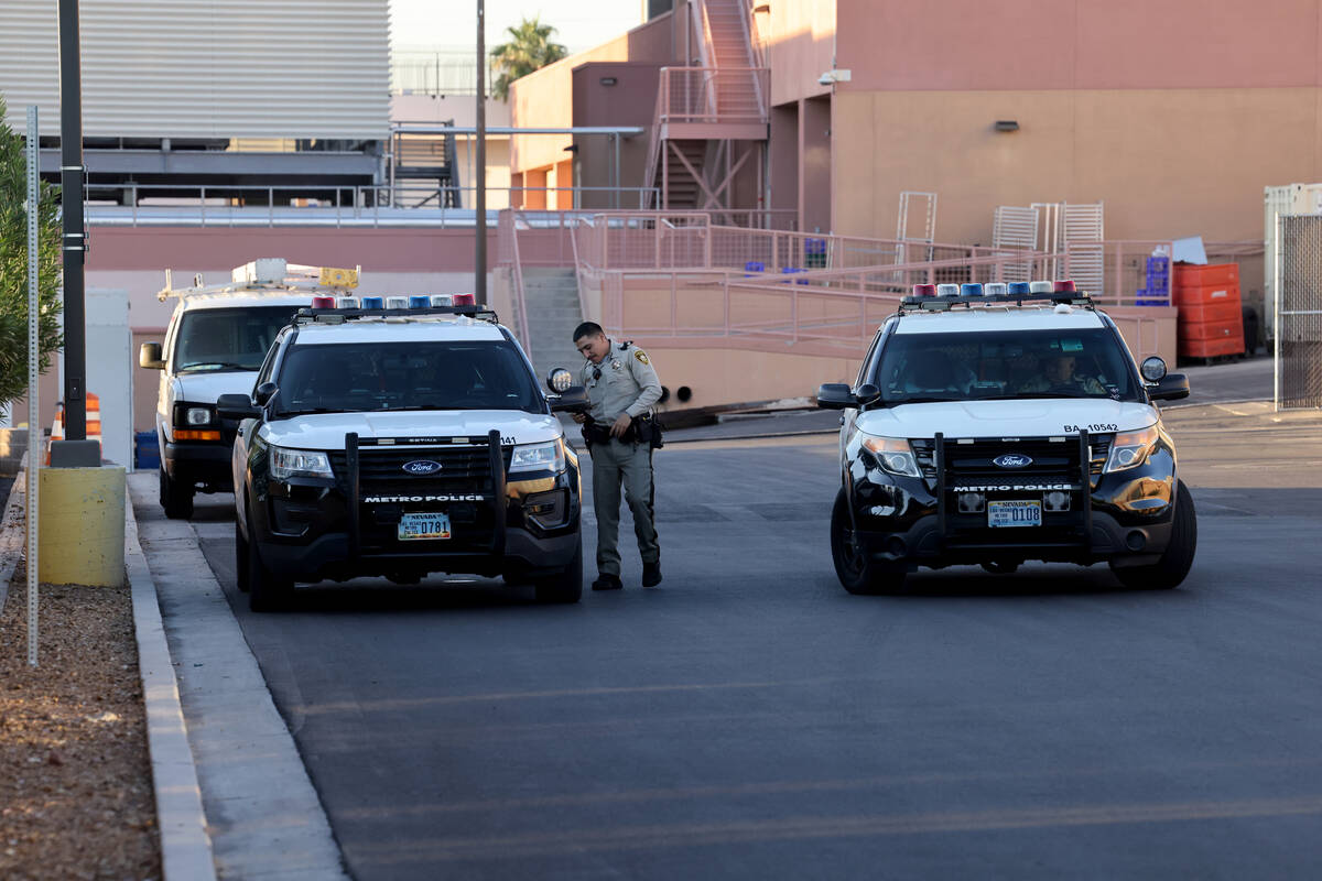 Las Vegas police officers outside Sunrise Hospital and Medical Center in Las Vegas on Thursday, ...