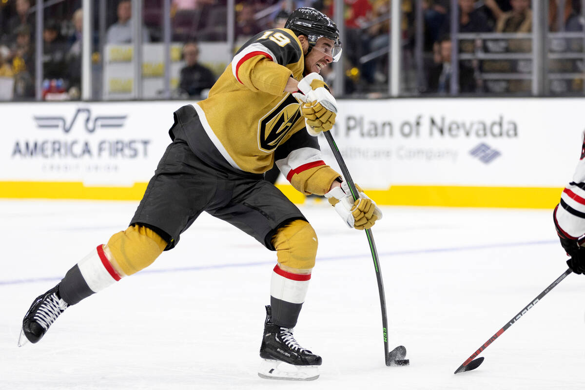 Golden Knights right wing Reilly Smith (19) attempts to score against the Blackhawks during the ...